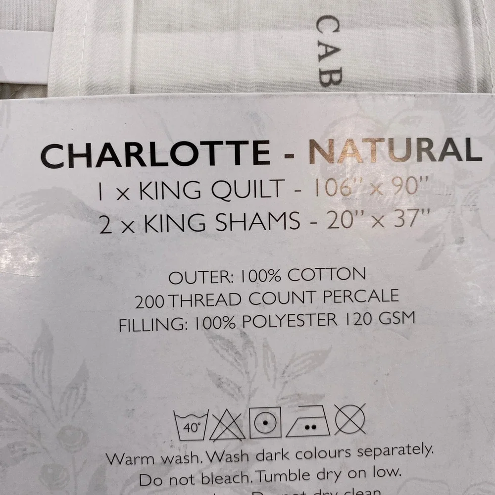 Cabbages & Roses Charlotte Quilt Set King White Natural Floral Cotton Percale